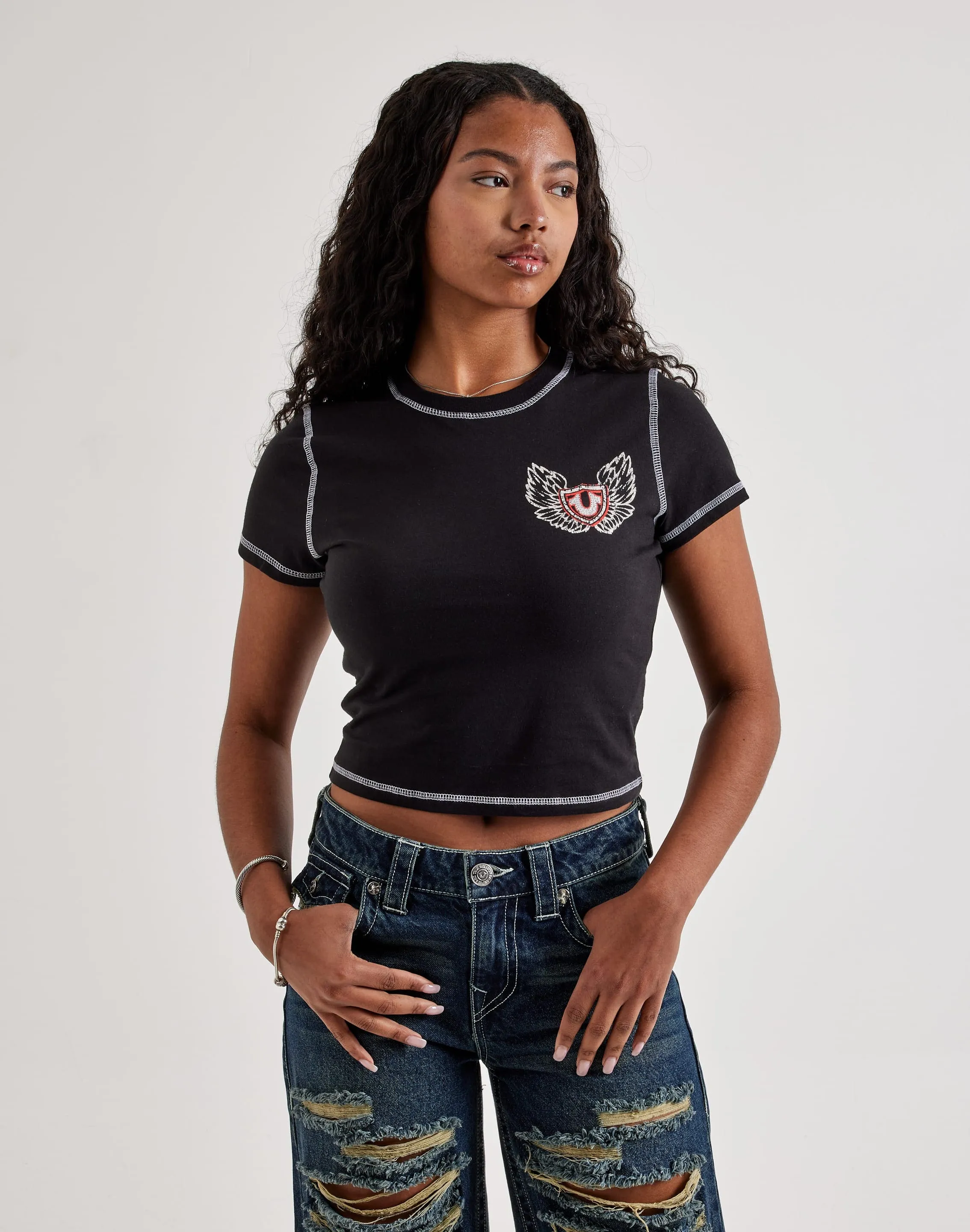 True Religion Contrast-Stitch Wing Baby Tee Light Wool Leather Core