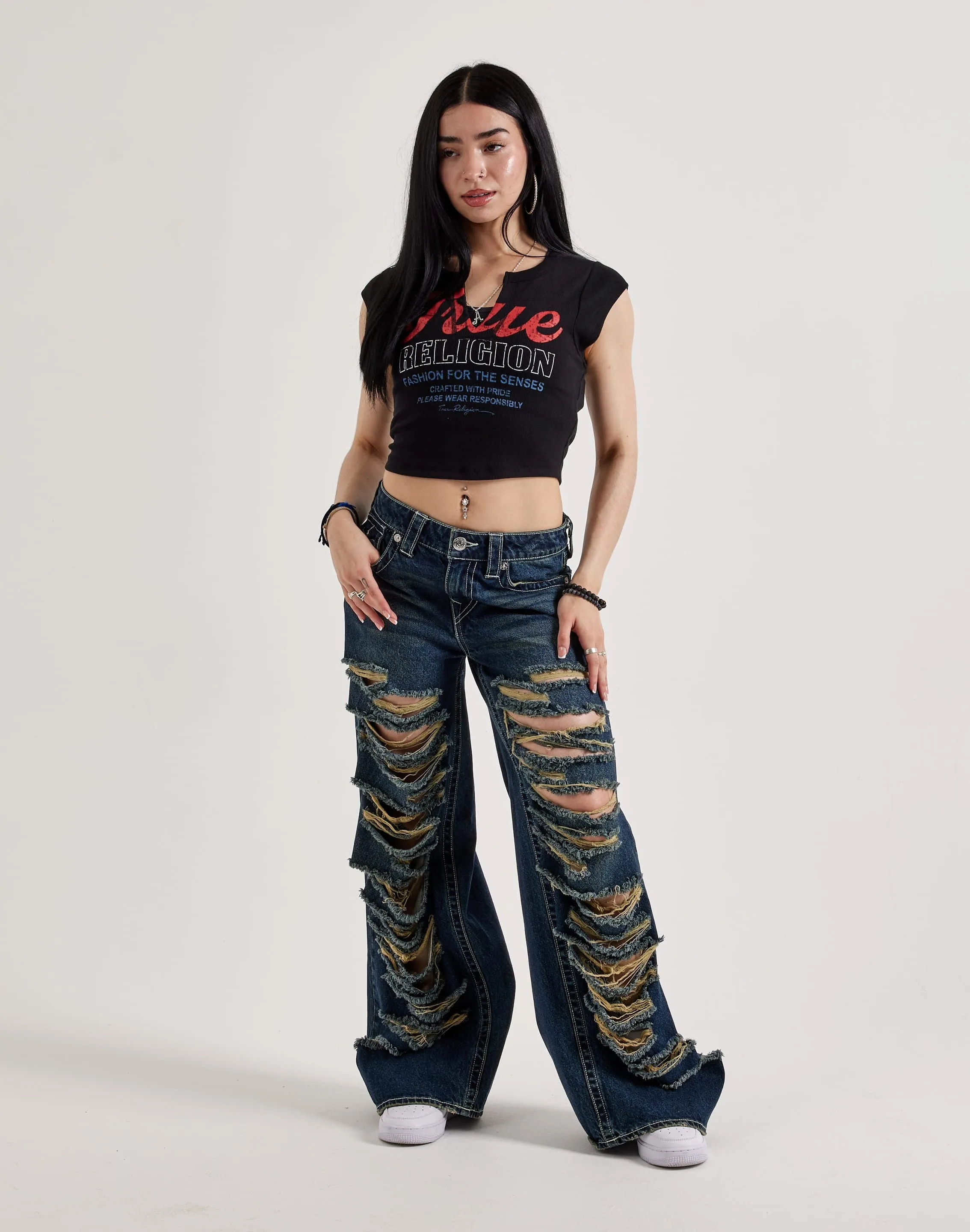 True Religion Retro Logo V-Notch Tee Style Mood Love Glow