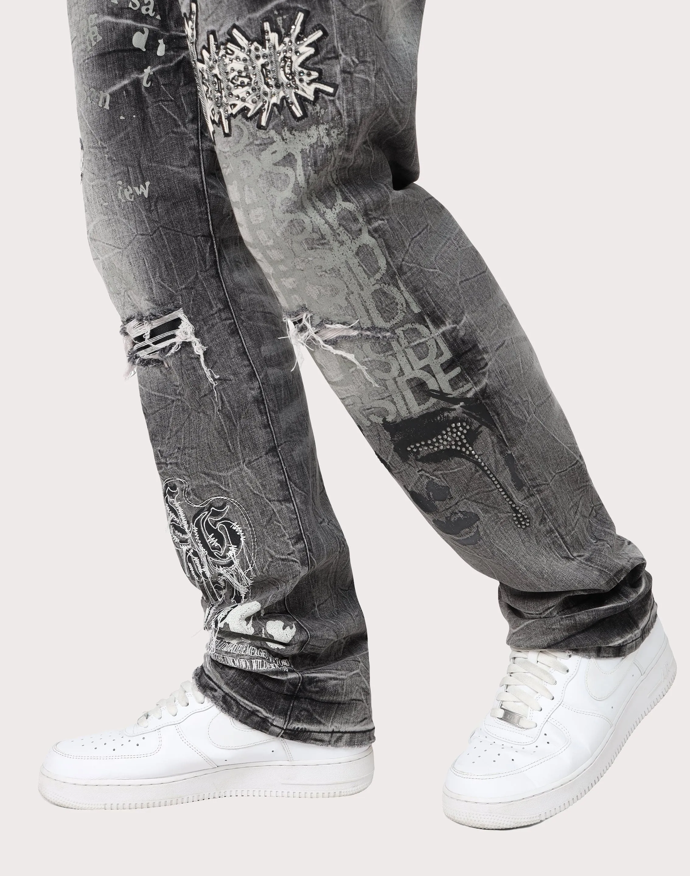 Grindhouse Straight Fit Rip N Repair Embossed Denim Jeans Eco Wear