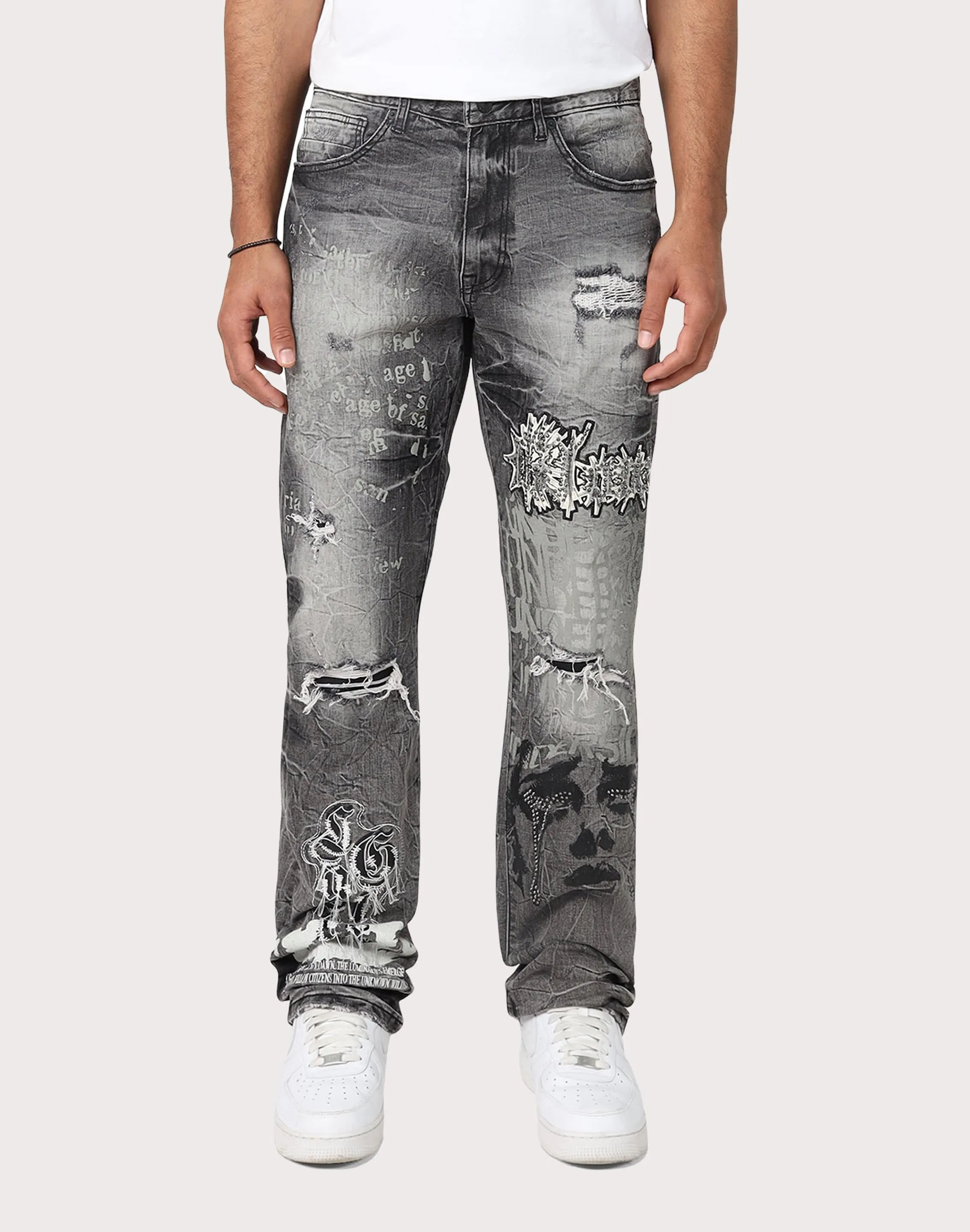 Grindhouse Straight Fit Rip N Repair Embossed Denim Jeans Future Glow AI Core