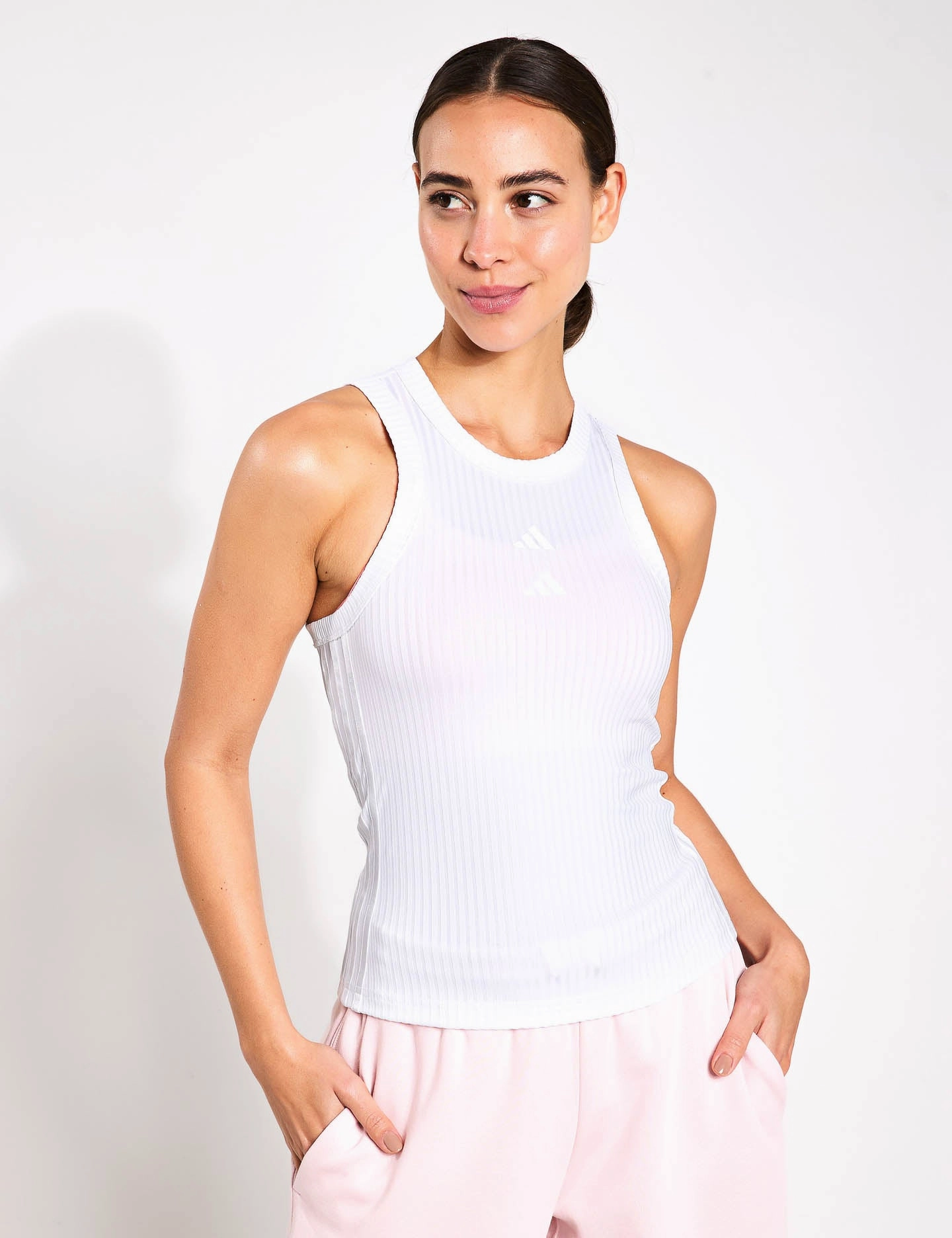 All Gym Seasonal Rib Tight Fit Tonal 3-Stripes Tank Top - White Versatile Layering Piece Mountain use