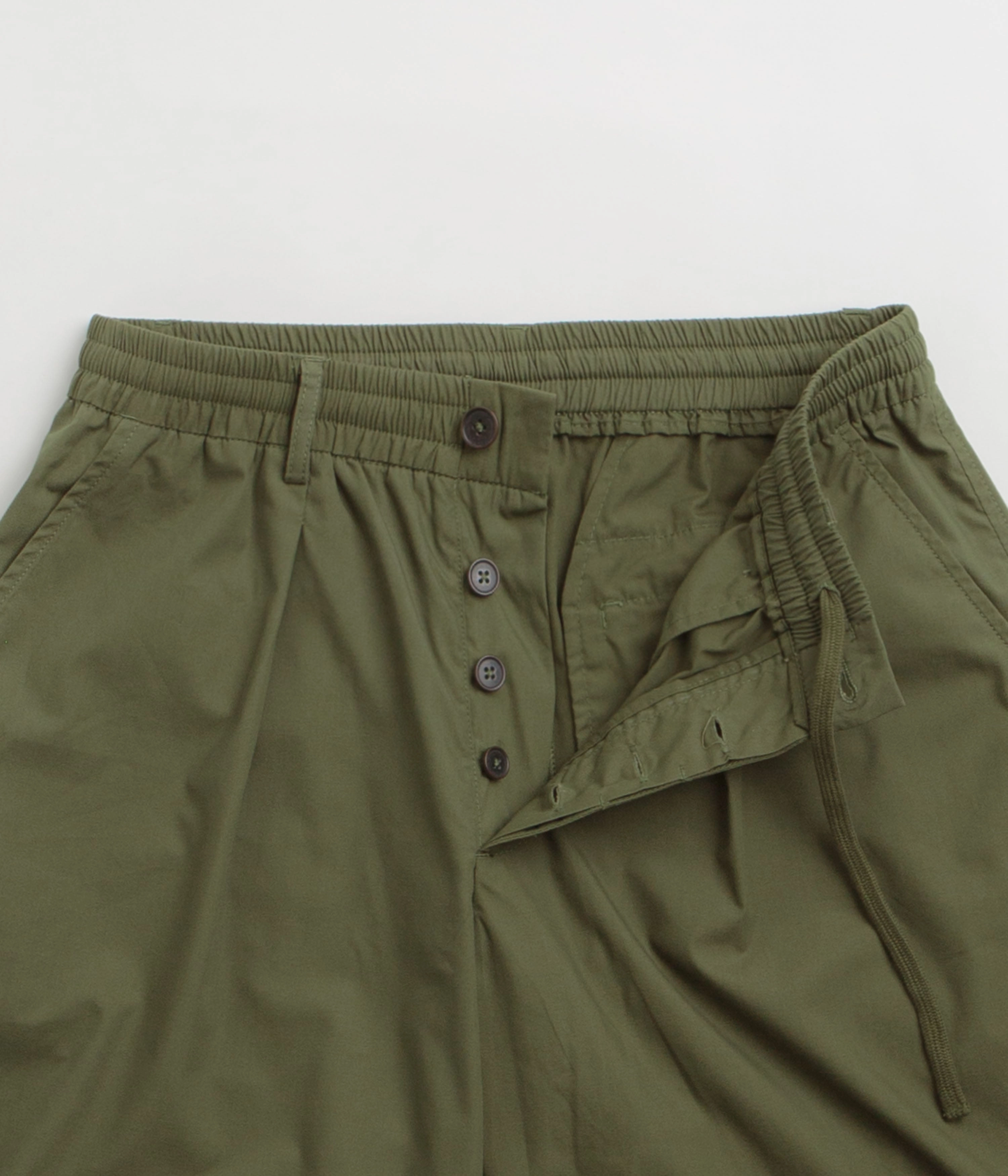 Universal Works Pleated Track Shorts - Olive Laser Cut Perforations