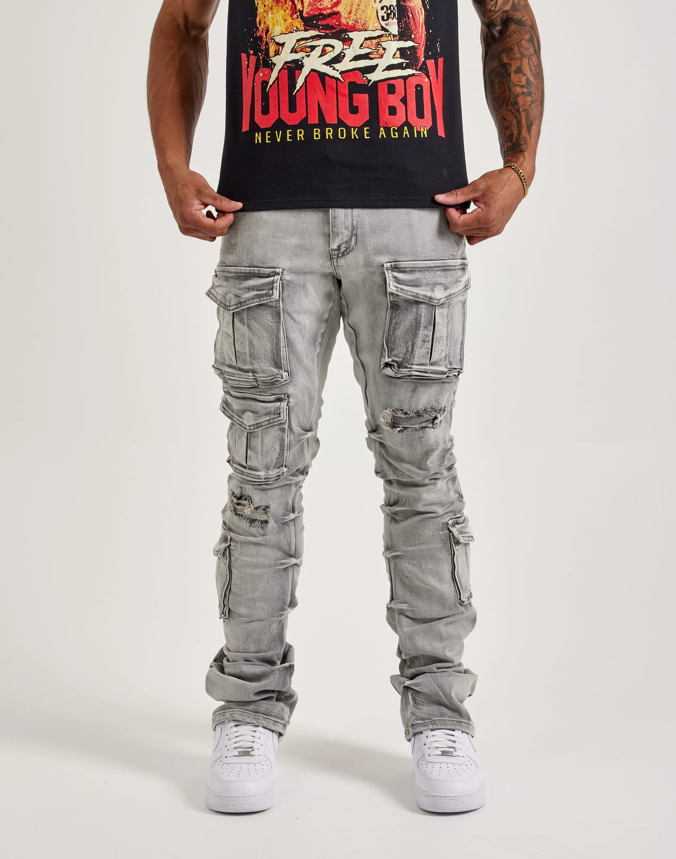 EasyAdjustment Smoke Rise Utility Pocket Stacked Flare Denim Jeans