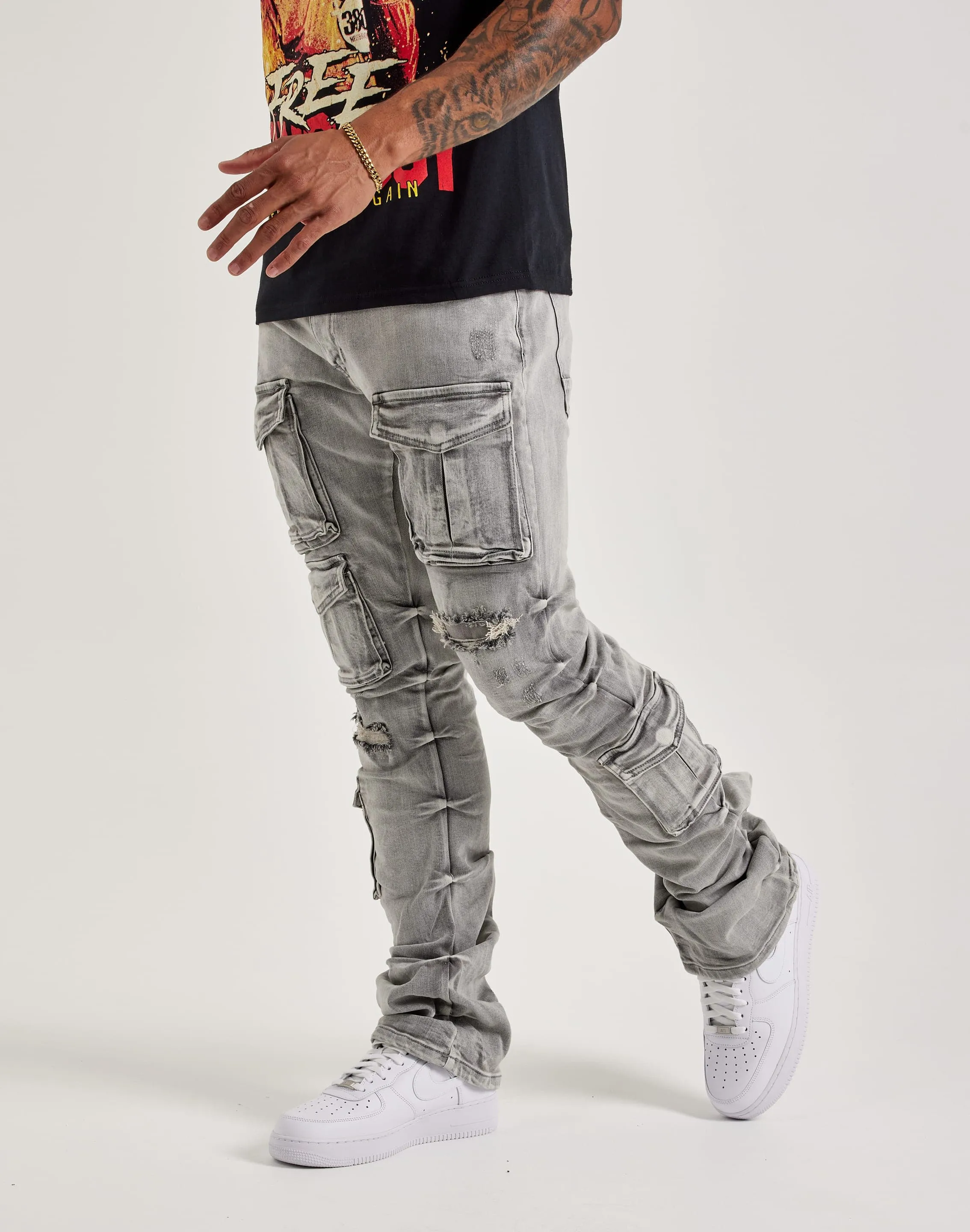 QuickDryMaterial Net Fit Smoke Rise Utility Pocket Stacked Flare Denim Jeans