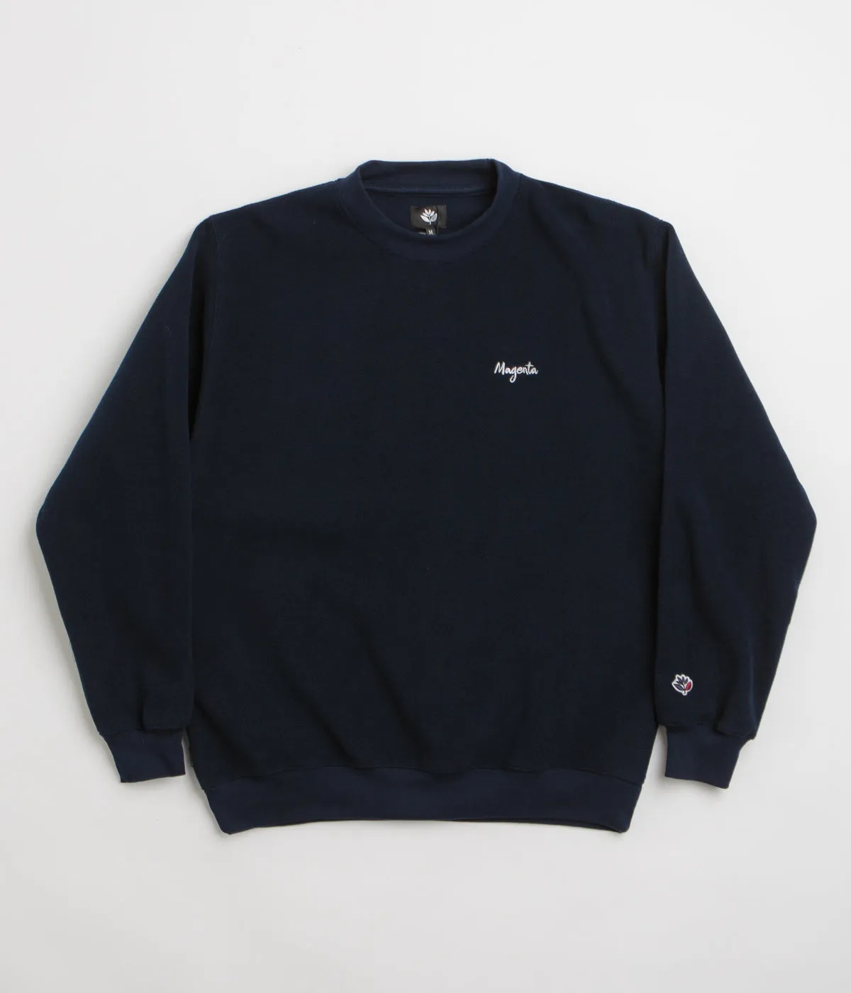 Magenta Script Crewneck Sweatshirt - Navy button detail