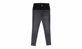 CONTRAST FABRIC WITH LEATHER AGED SKINNY JEANS "Aged Black, Black Leather" Non Irritating Inner Lining