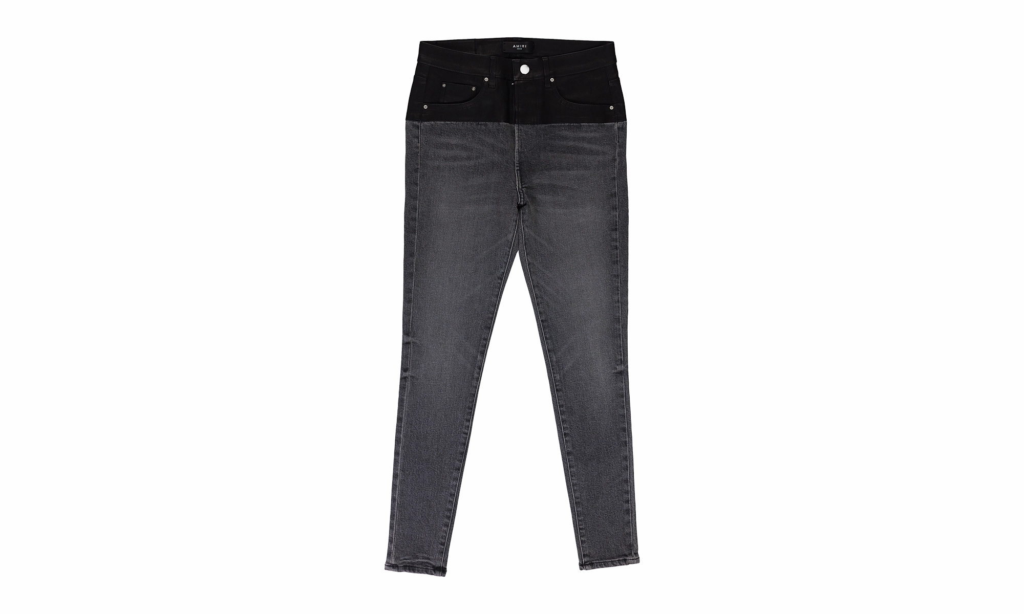 CONTRAST FABRIC WITH LEATHER AGED SKINNY JEANS "Aged Black, Black Leather" Non Irritating Inner Lining