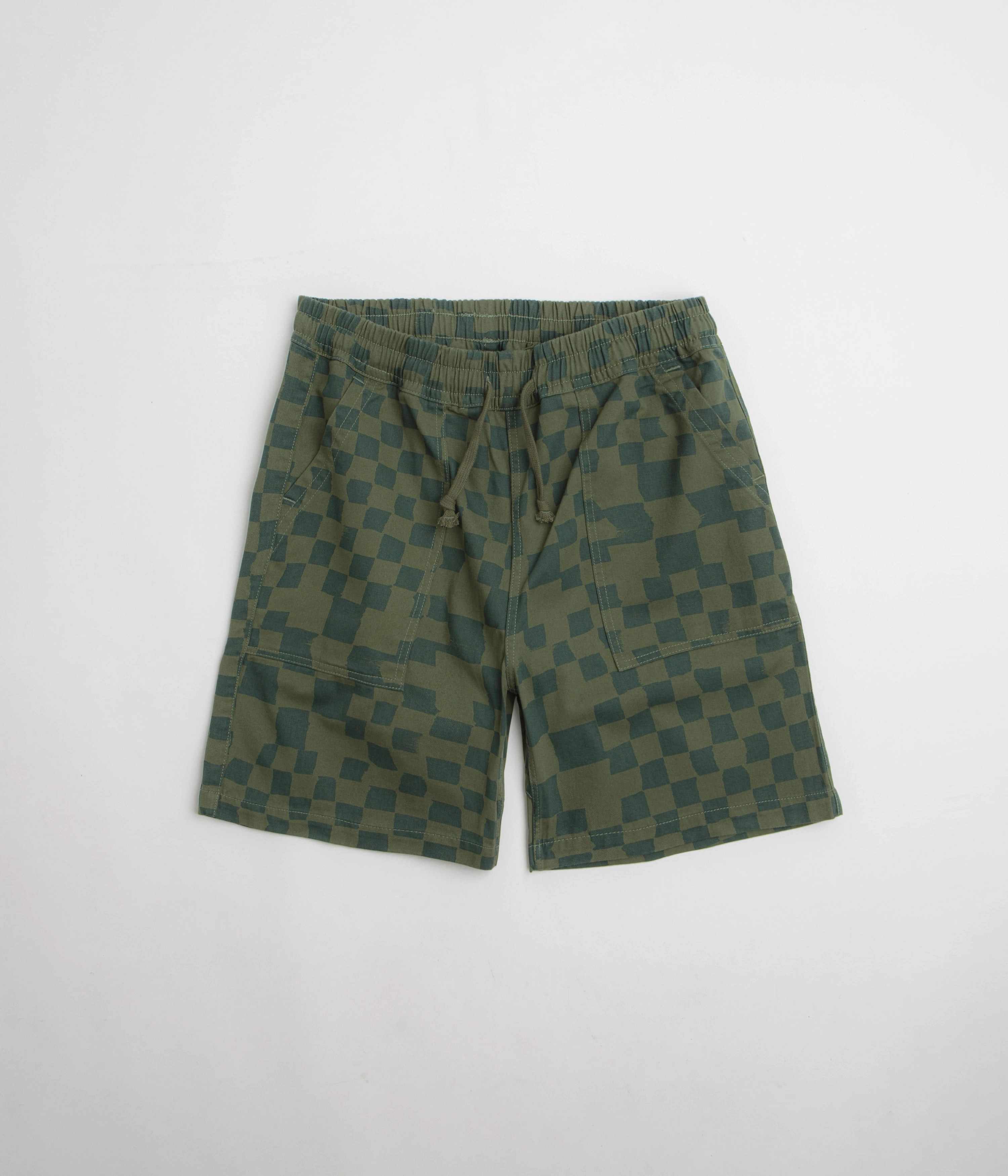 Pre Shrunk Cotton Blend Service Works Printed Chef Shorts - Olive Checker