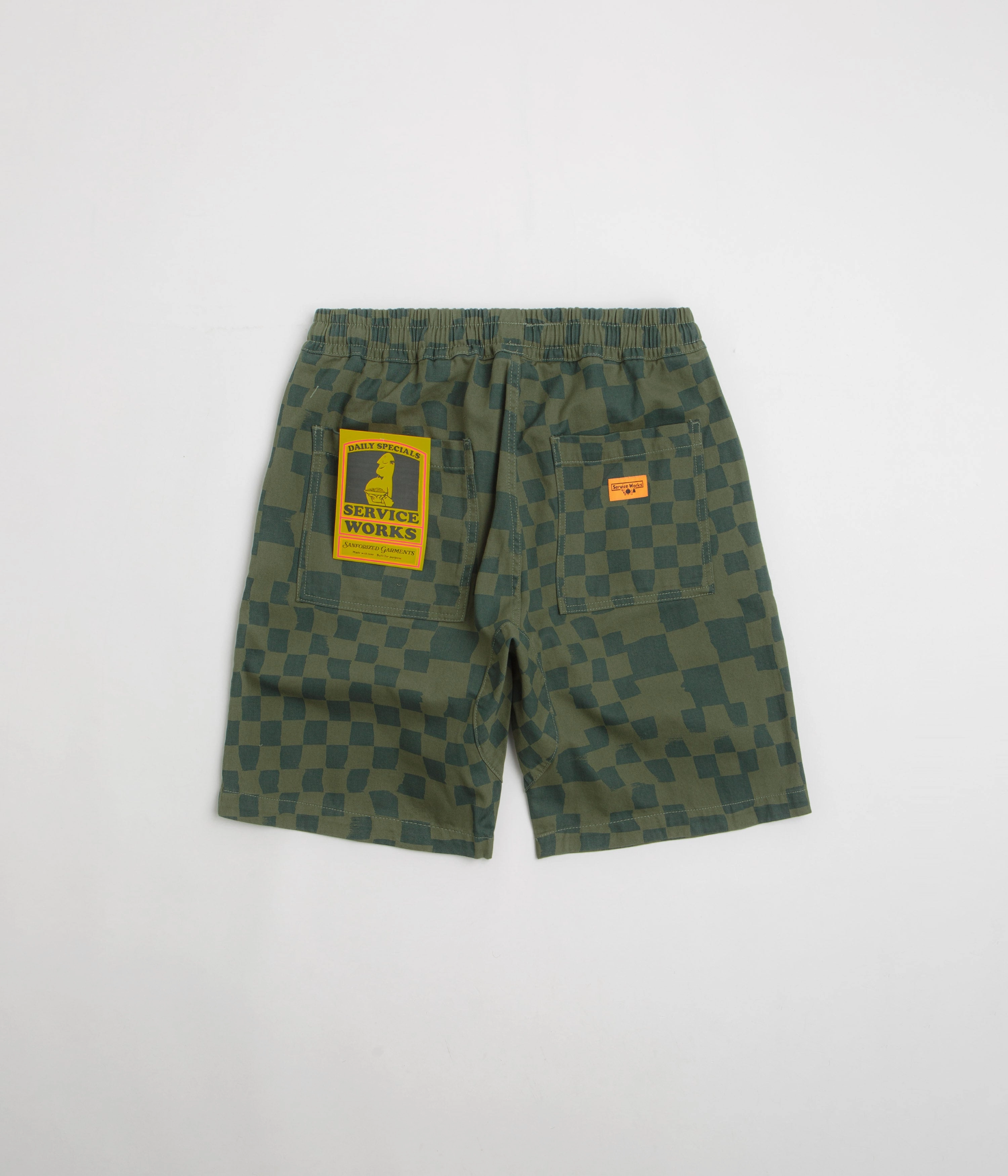Service Works Printed Chef Shorts - Olive Checker Ergonomic Curved Seams