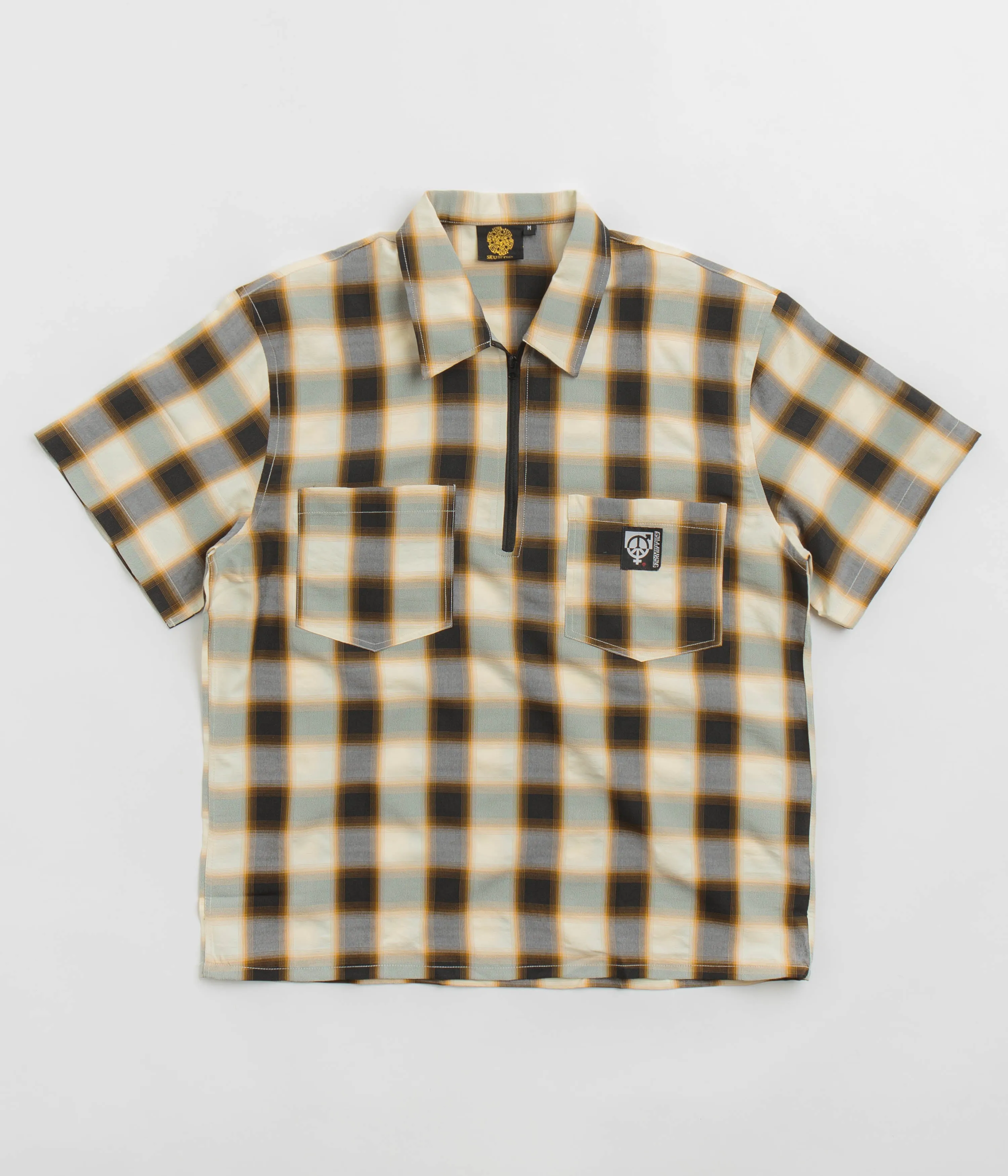 Bold Pattern Sexhippies Half Zipper Short Sleeve Shirt - Off White / Black